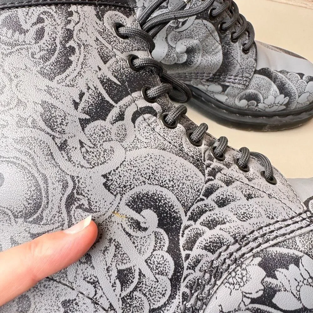 Dr Martens 1460 OT Tattoo Boots Gunmetal Gray Japanese Dragon Womens 8 Lace Up